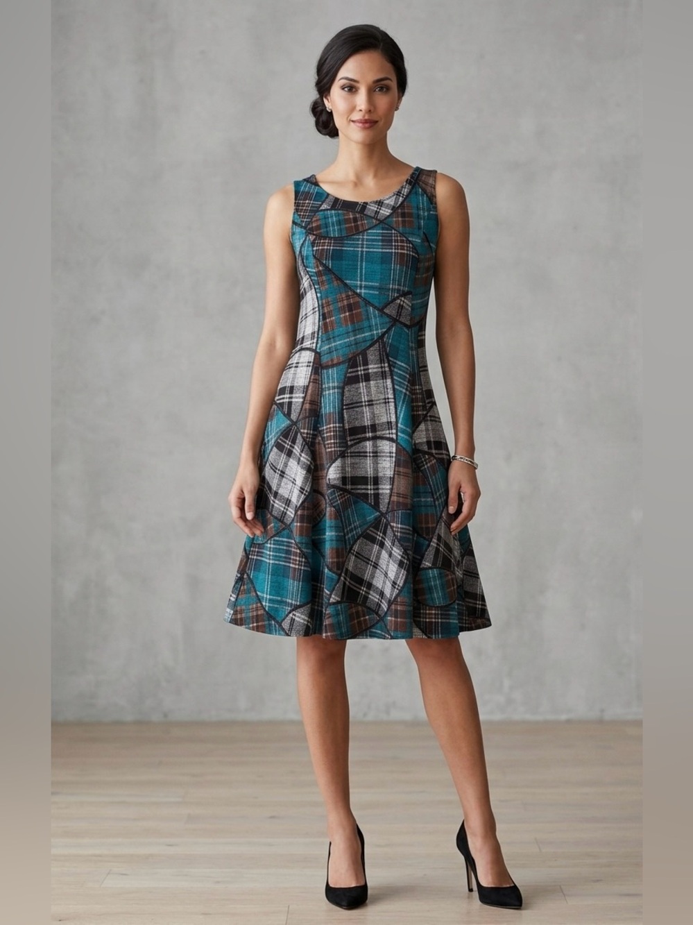 Perceptions Petite Abstract Plaid Patchwork A-Line Dress Teal Brown PXS